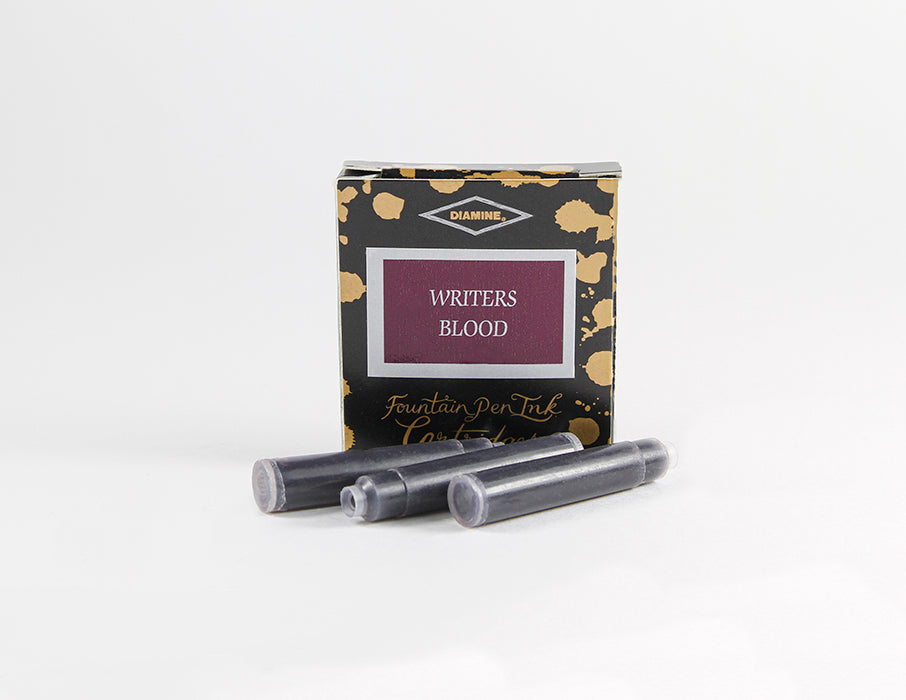 Diamine Writer's Blood fountain pen ink cartridges and packaging box on a white background.