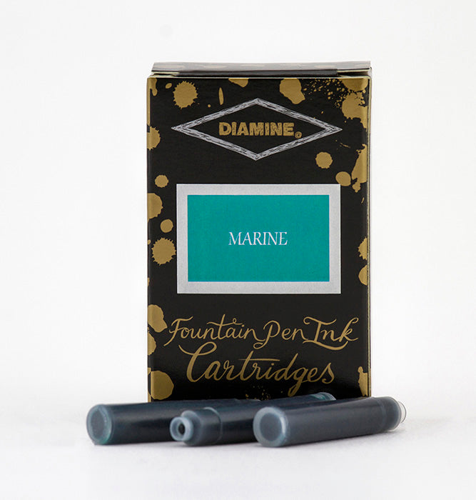 Diamine Marine fountain pen ink cartridges and packaging box on a white background.