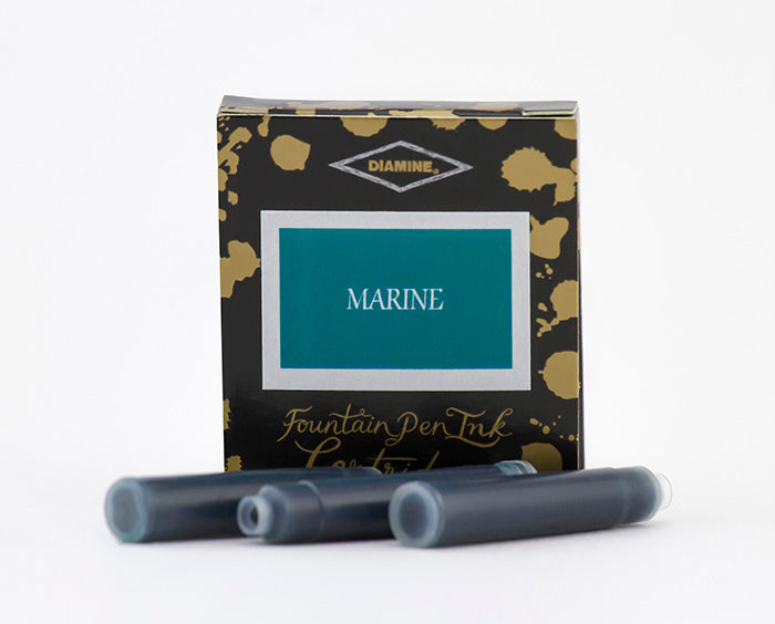 Diamine Marine fountain pen ink cartridges and packaging box on a white background.