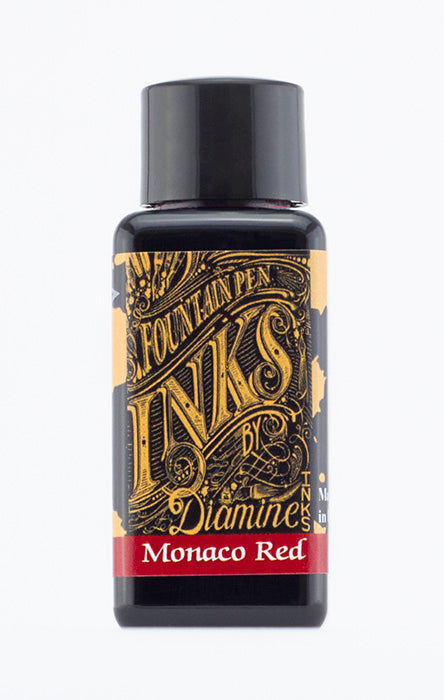 Diamine Monaco Red fountain pen ink bottle and packaging on a white background.