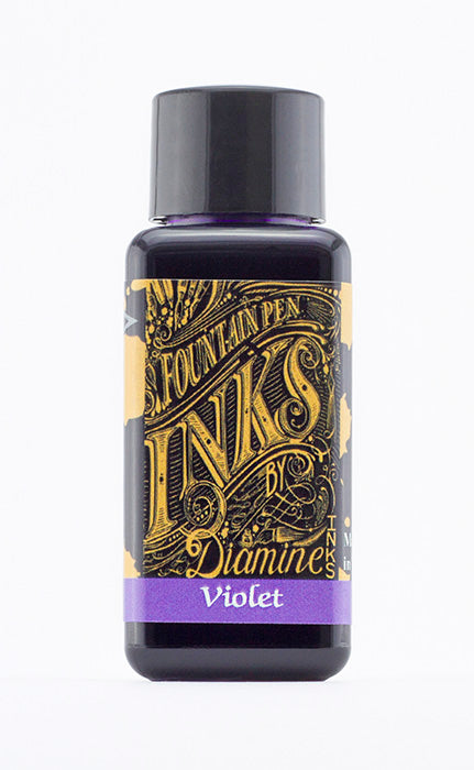 Diamine Violet fountain pen ink bottle and packaging on a white background.