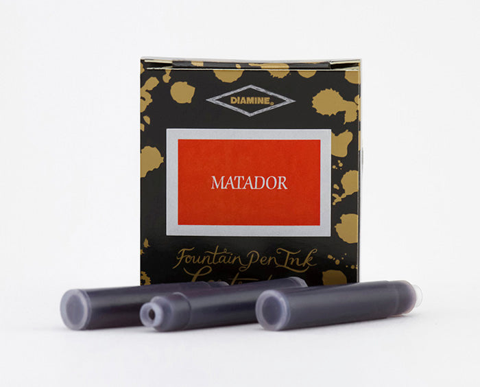 Diamine Matador fountain pen ink cartridges and packaging box on a white background.