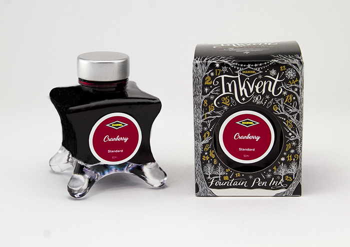 Diamine Cranberry fountain pen ink bottle and packaging on a white background.