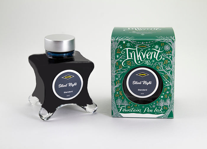 Diamine Silent Night fountain pen ink bottle and packaging on a white background.