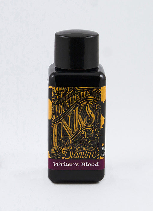 Diamine Writers Blood fountain pen ink bottle and packaging on a white background.