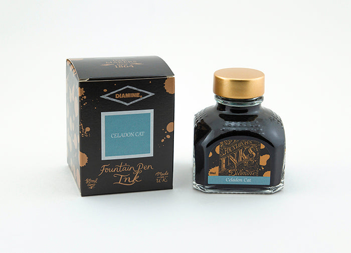 Diamine Celadon Cat fountain pen ink bottle and packaging on a white background.