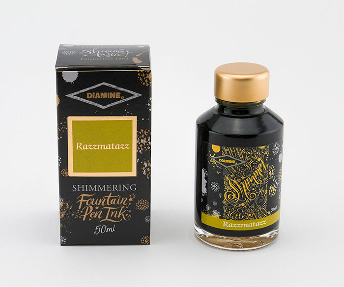 Diamine Razzmatazz fountain pen ink bottle and packaging on a white background.