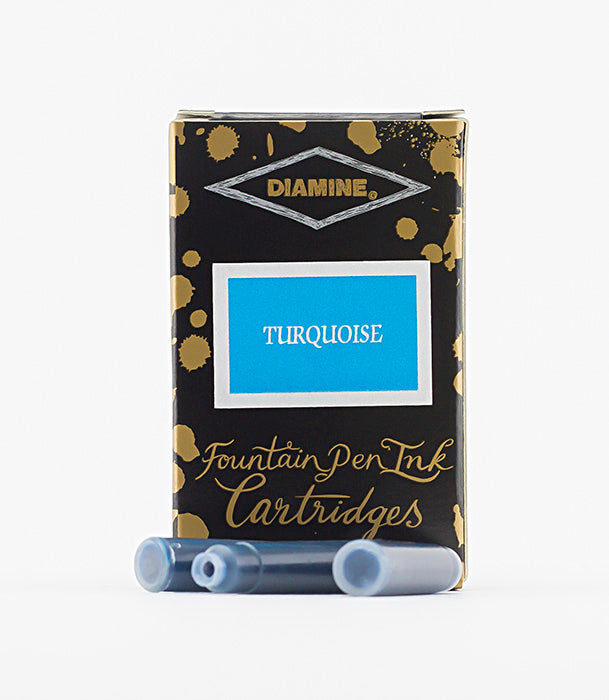 Diamine Turquoise fountain pen ink cartridges and packaging box on a white background.