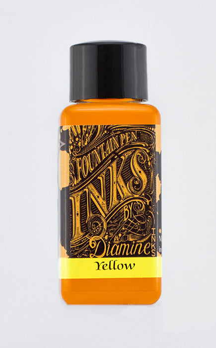 Diamine Yellow fountain pen ink bottle and packaging on a white background.
