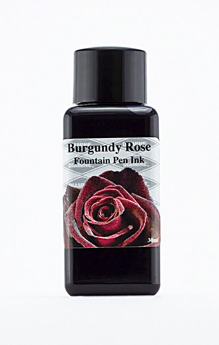 Diamine Burgundy Rose fountain pen ink bottle and packaging on a white background.
