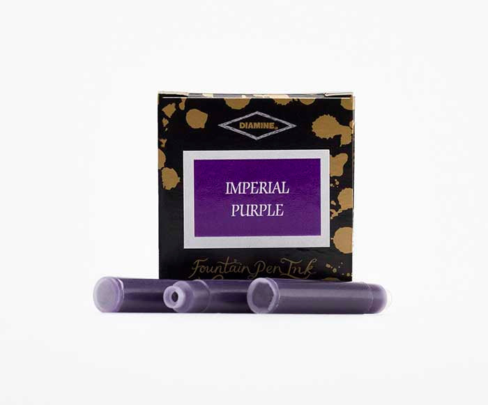 Diamine Imperial Purple fountain pen ink cartridges and packaging box on a white background.