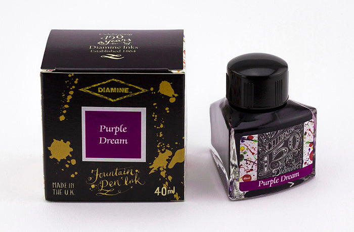 Diamine Purple Dream fountain pen ink bottle and packaging on a white background.