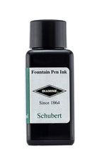 Diamine Schubert fountain pen ink bottle and packaging on a white background.
