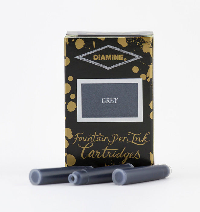 Diamine Grey fountain pen ink cartridges and packaging box on a white background.