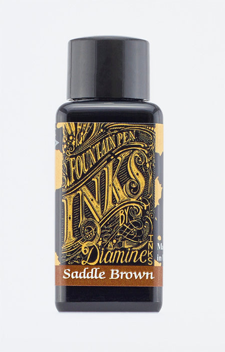 Diamine Saddle Brown fountain pen ink bottle and packaging on a white background.