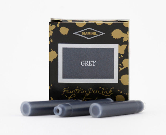 Diamine Grey fountain pen ink cartridges and packaging box on a white background.