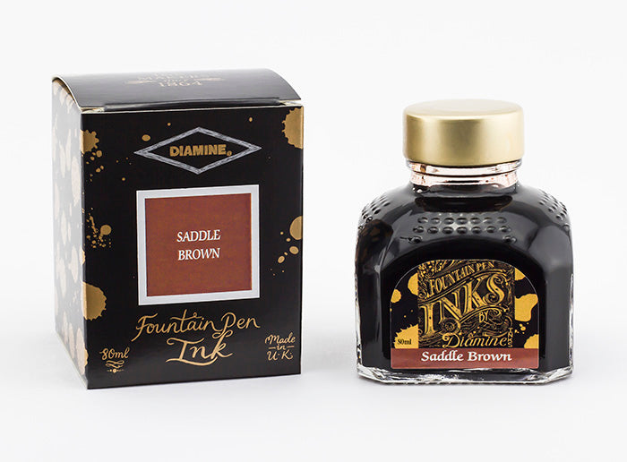 Diamine Saddle Brown fountain pen ink bottle and packaging on a white background.