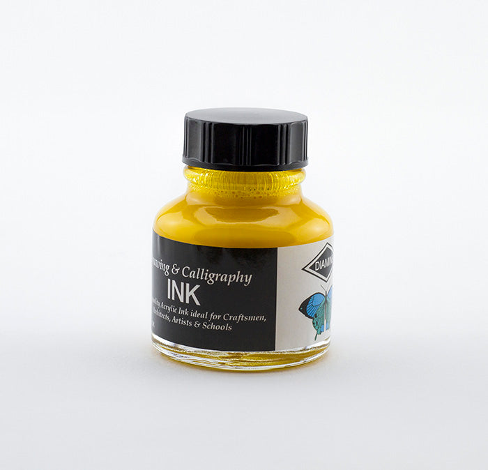 Diamine Lemon Yellow Drawing and Calligraphy ink bottle on a white background.