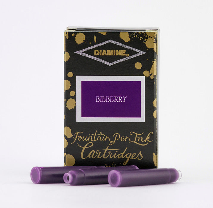 Diamine Bilberry fountain pen ink cartridges and packaging box on a white background.