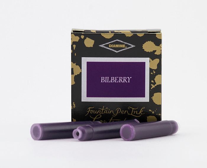 Diamine Bilberry fountain pen ink cartridges and packaging box on a white background.