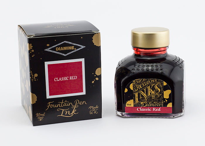Diamine Classic Red fountain pen ink bottle and packaging on a white background.
