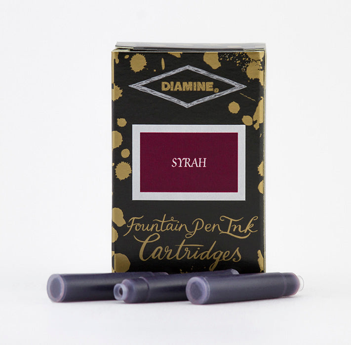 Diamine Syrah fountain pen ink cartridges and packaging box on a white background.