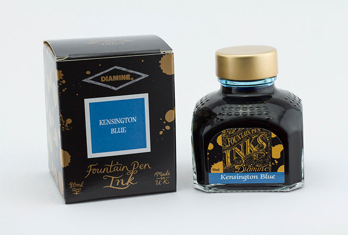 Diamine Kensington Blue fountain pen ink bottle and packaging on a white background.