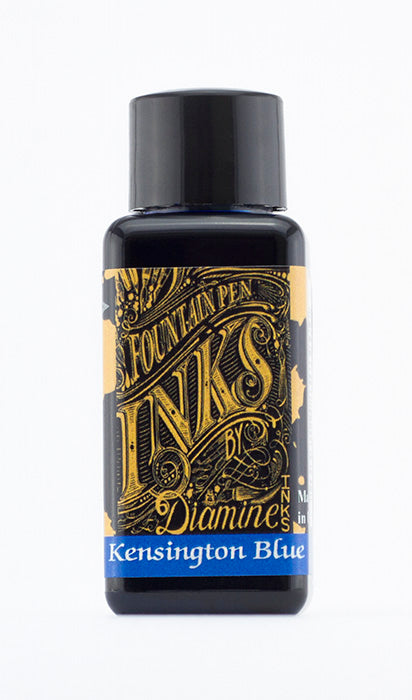 Diamine Kensington Blue fountain pen ink bottle and packaging on a white background.
