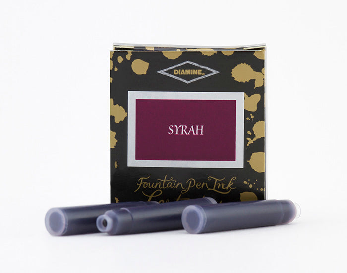 Diamine Syrah fountain pen ink cartridges and packaging box on a white background.