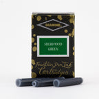 Diamine Sherwood Green fountain pen ink cartridges and packaging box on a white background.