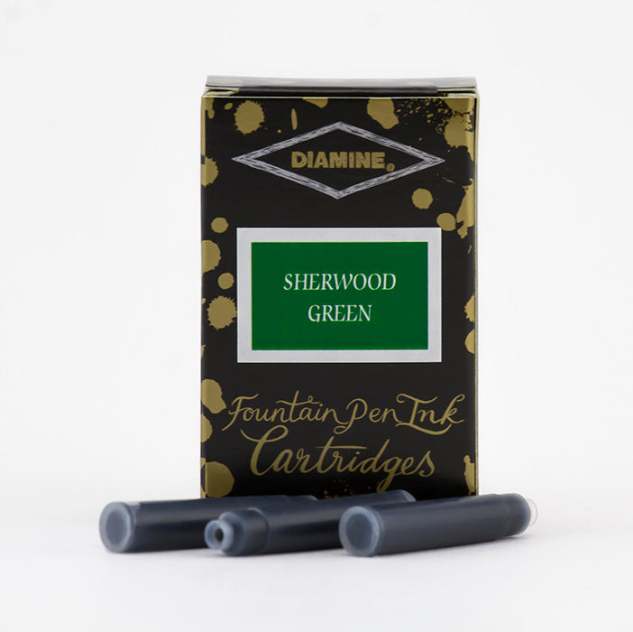 Diamine Sherwood Green fountain pen ink cartridges and packaging box on a white background.