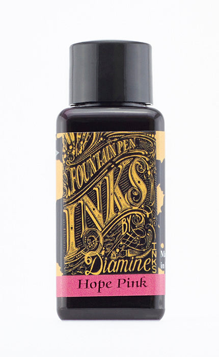 Diamine Hope Pink fountain pen ink bottle and packaging on a white background.