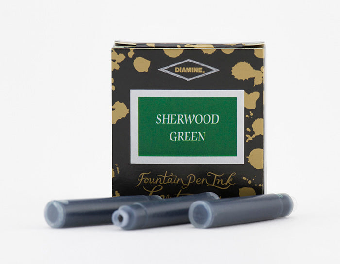 Diamine Sherwood Green fountain pen ink cartridges and packaging box on a white background.
