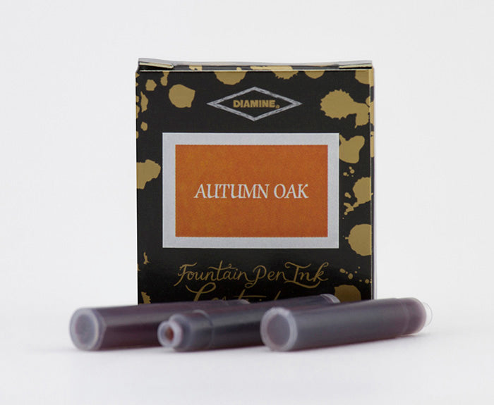Diamine Autumn Oak fountain pen ink cartridges and packaging box on a white background.