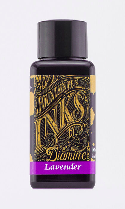 Diamine Lavender fountain pen ink bottle and packaging on a white background.