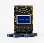 Diamine Oxford Blue fountain pen ink cartridges and packaging box on a white background.