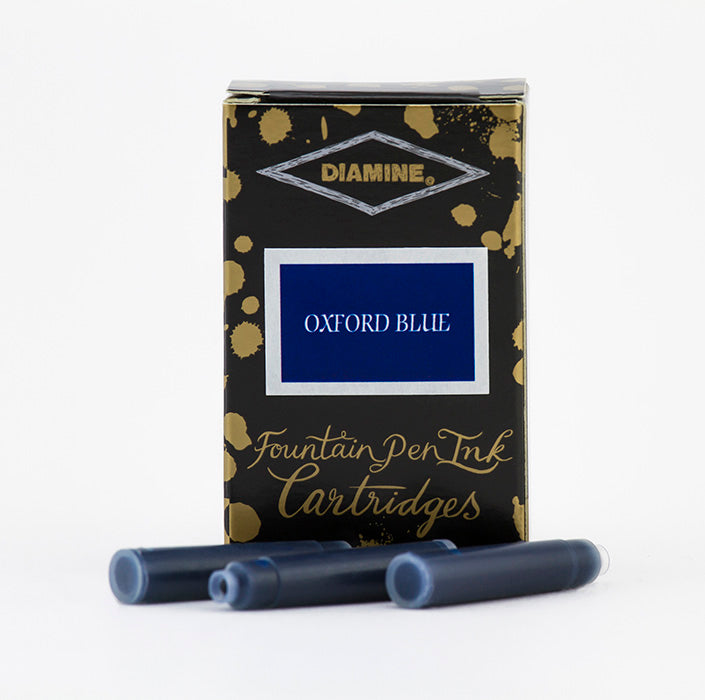 Diamine Oxford Blue fountain pen ink cartridges and packaging box on a white background.