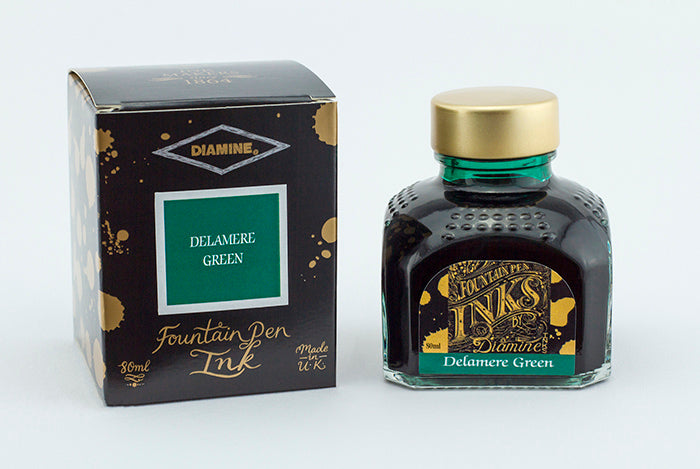 Diamine Delamere Green fountain pen ink bottle and packaging on a white background.