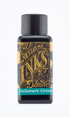 Diamine Delamere Green fountain pen ink bottle and packaging on a white background.