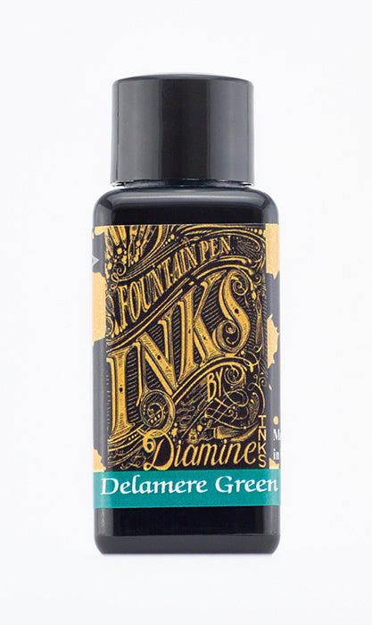 Diamine Delamere Green fountain pen ink bottle and packaging on a white background.