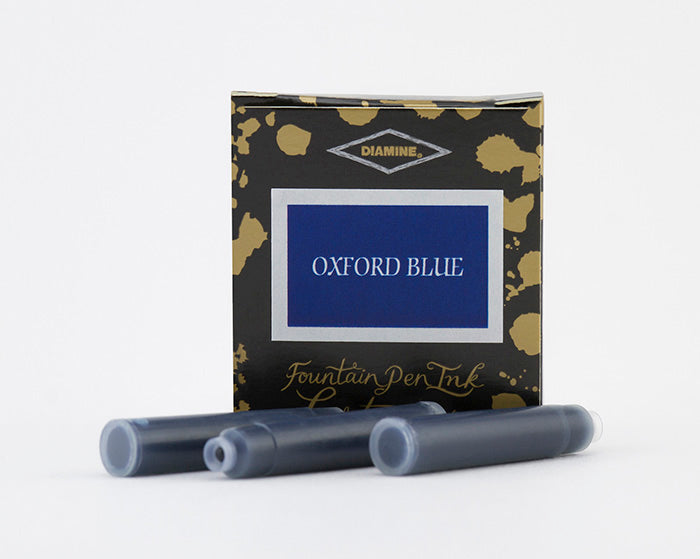 Diamine Oxford Blue fountain pen ink cartridges and packaging box on a white background.