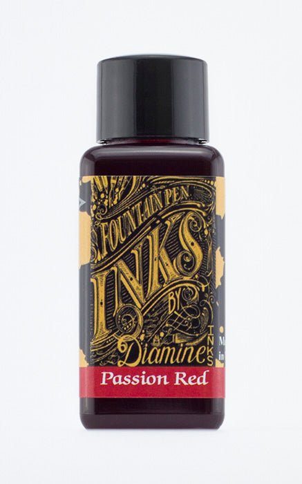 Diamine Passion Red fountain pen ink bottle and packaging on a white background.