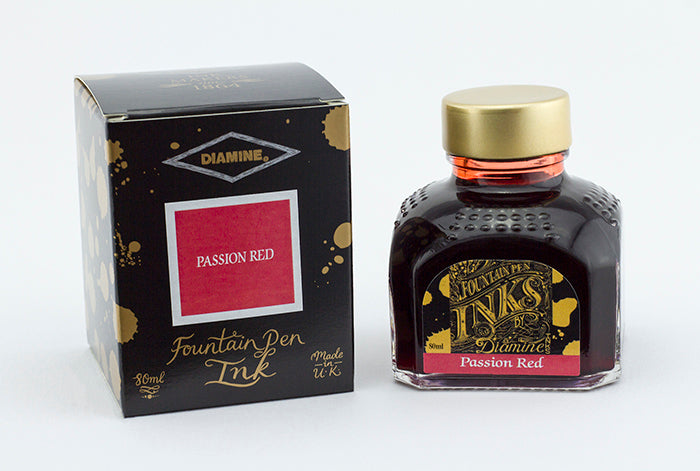 Diamine Passion Red fountain pen ink bottle and packaging on a white background.