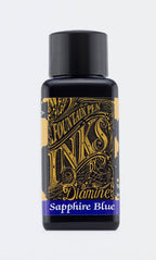 Diamine Sapphire Blue fountain pen ink bottle and packaging on a white background.