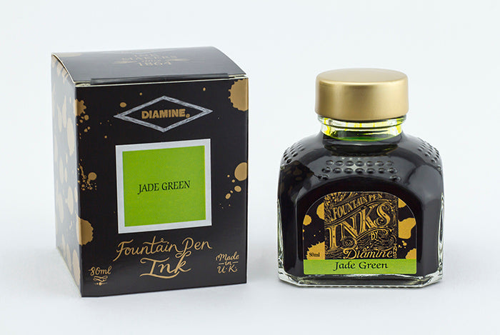 Diamine Jade Green fountain pen ink bottle and packaging on a white background.