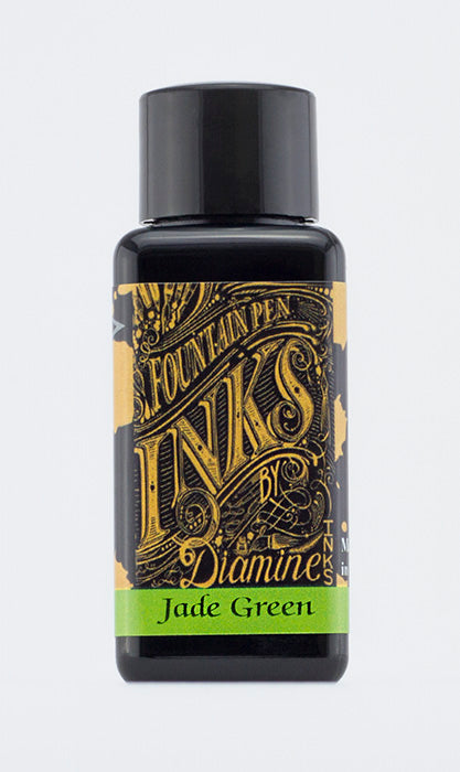 Diamine Jade Green fountain pen ink bottle and packaging on a white background.