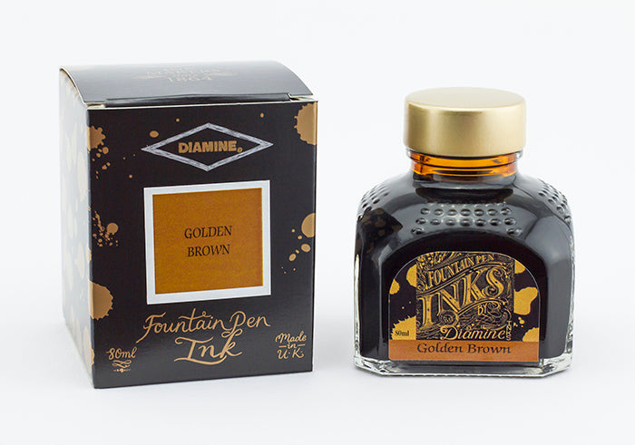 Diamine Golden Brown fountain pen ink bottle and packaging on a white background.