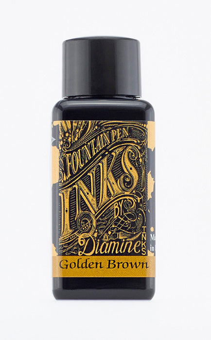 Diamine Golden Brown fountain pen ink bottle and packaging on a white background.