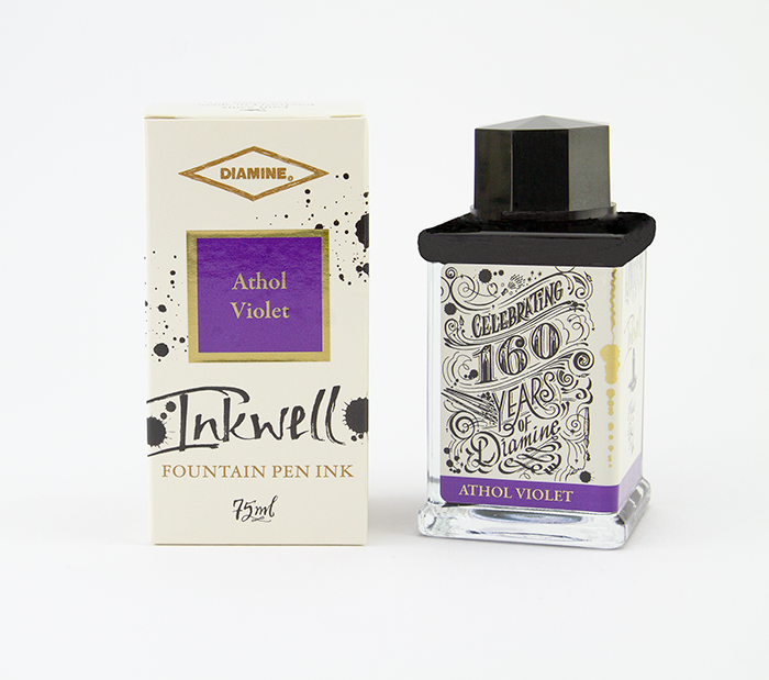Diamine Athol Violet fountain pen ink bottle and packaging on a white background.