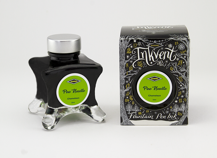 Diamine Pine Needle fountain pen ink bottle and packaging on a white background.